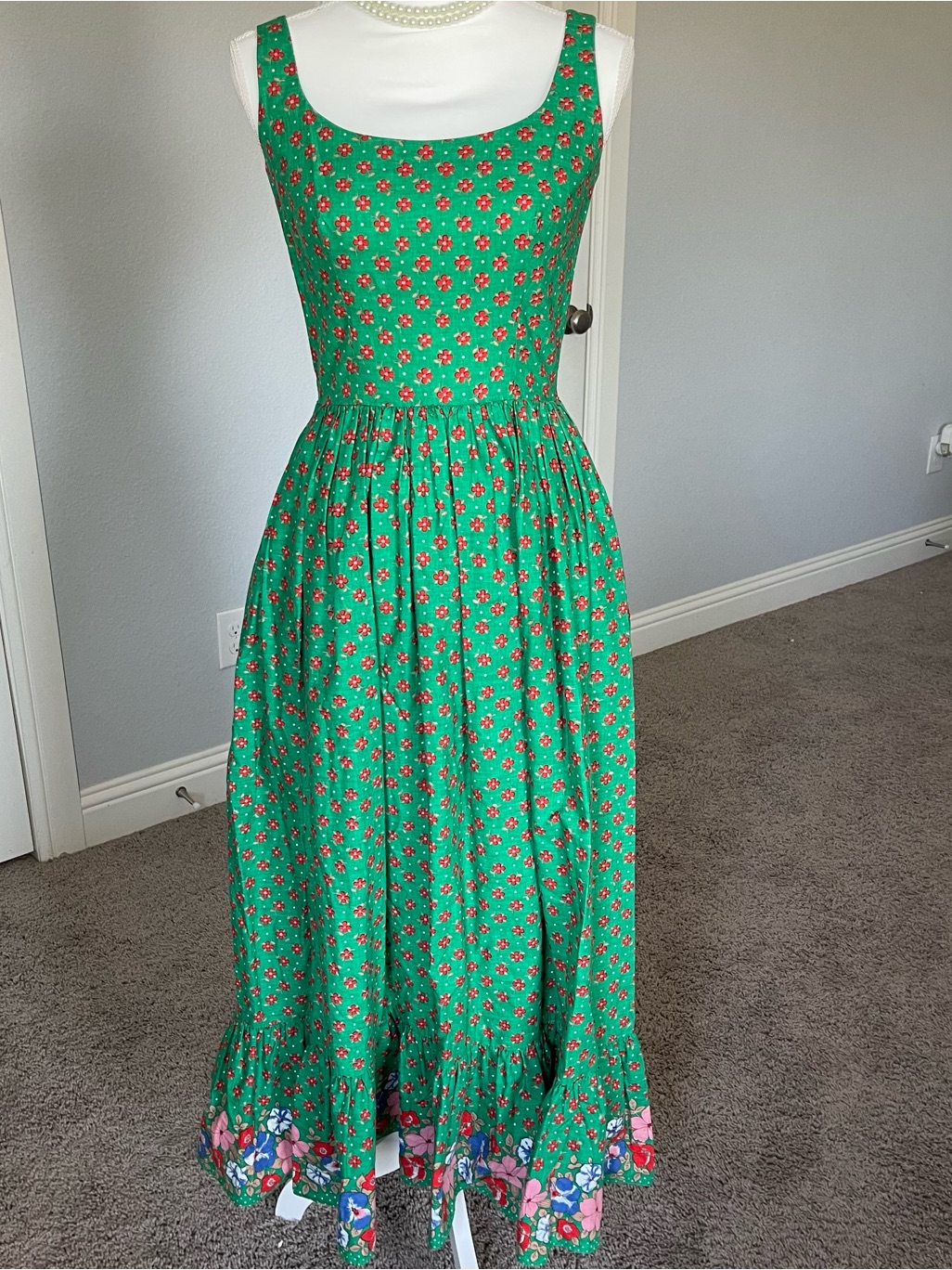 Green Floral Scoop-Neck Maxi Dress With Ruffle Hem